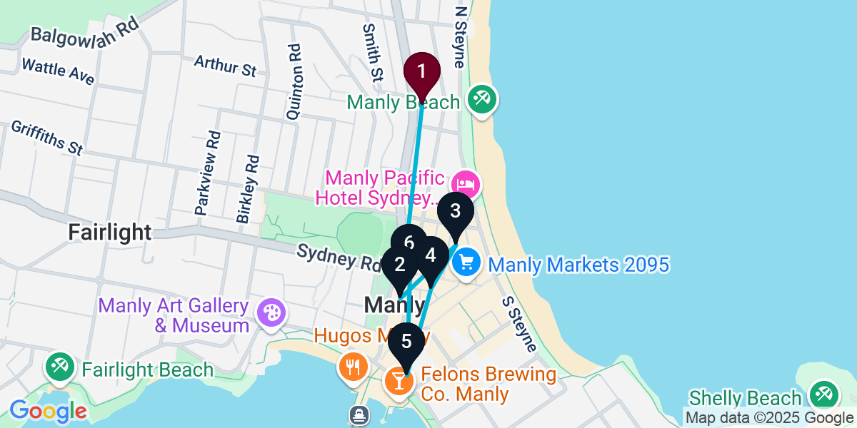 Map for 6-Stop Manly Bar Crawl
