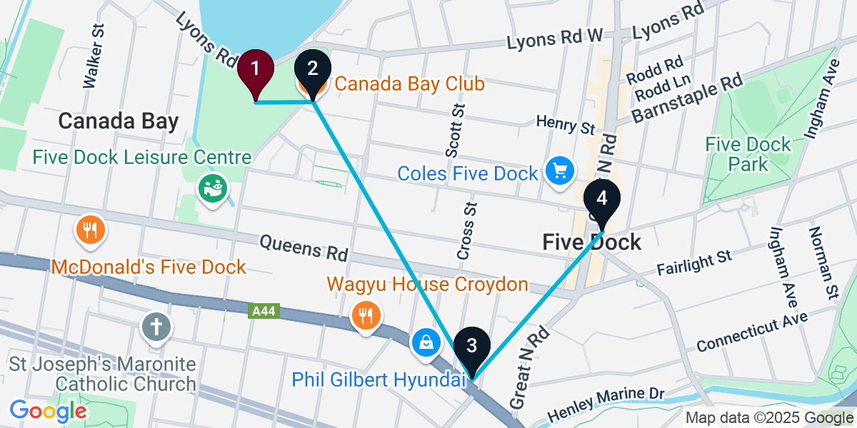 Map for 4-Stop Five Dock Pub Bar Crawl