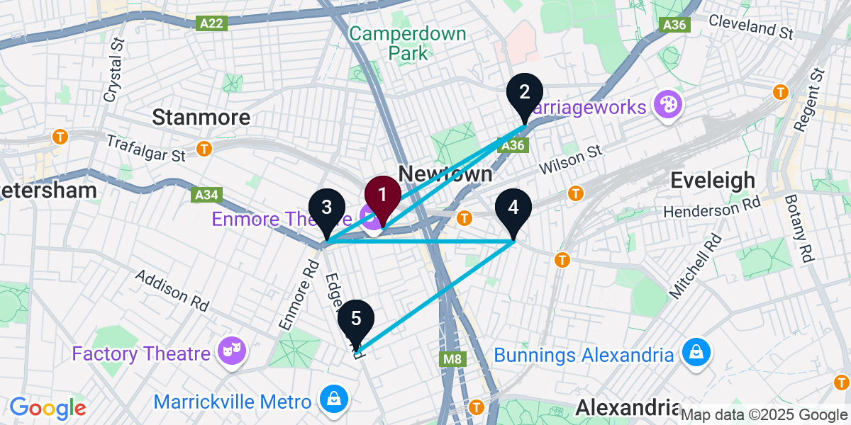 Map for 5-Stop Newtown Nightclub Bar Crawl