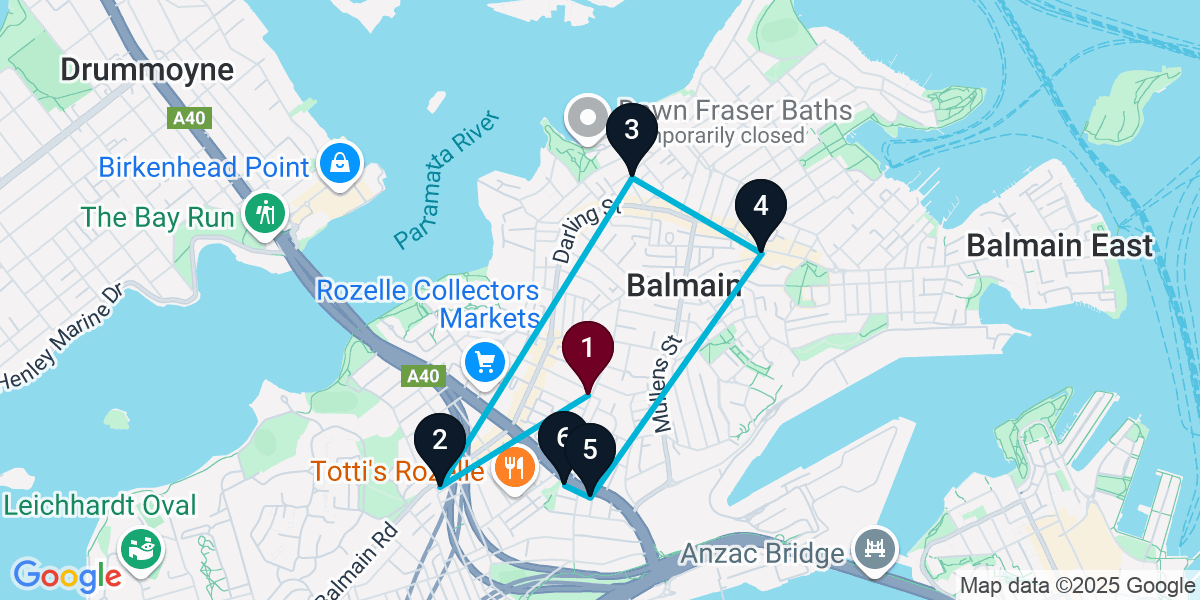 Map for 6-Stop Rozelle Bar Crawl