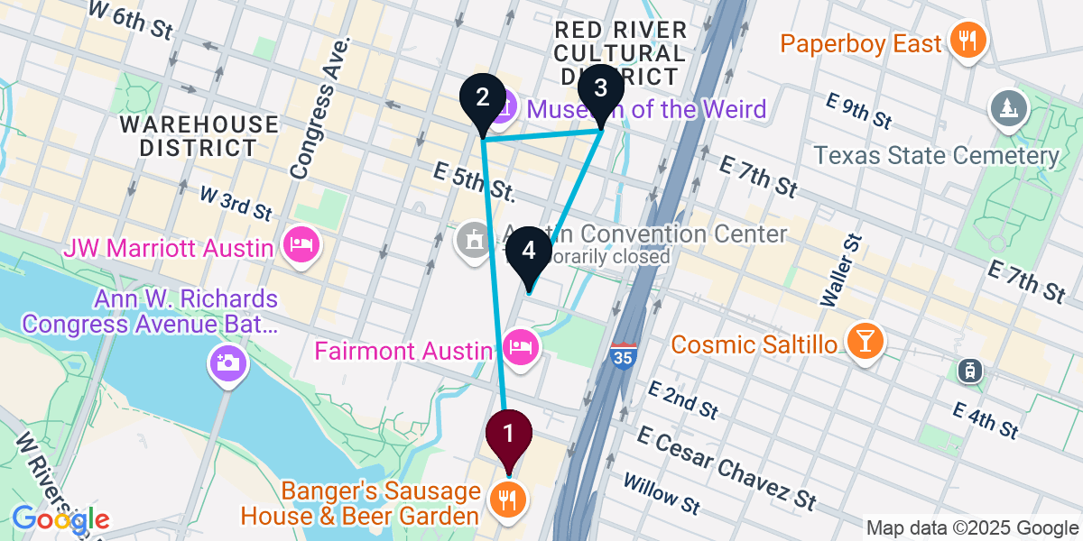 Map for 4-Stop Austin Bar Crawl
