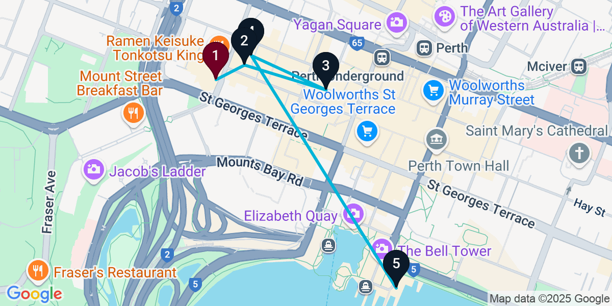 Map for 5-Stop Perth Cocktail Bar Crawl