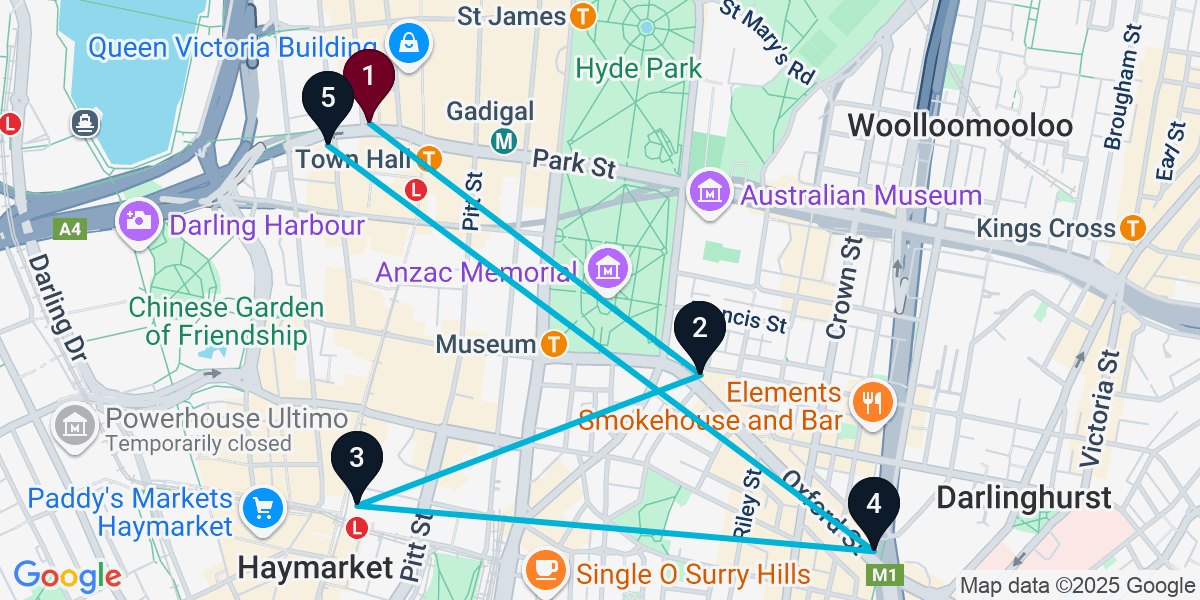 Map for 5-Stop Sydney Nightclub Bar Crawl