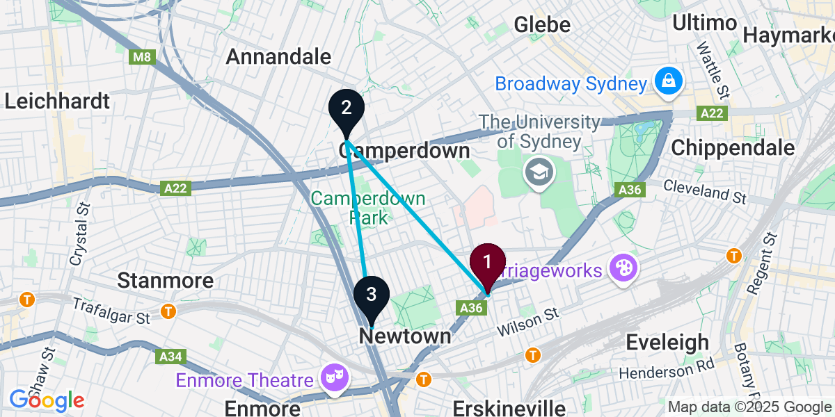 Map for 3-Stop Newtown Speakeasy Bar Crawl