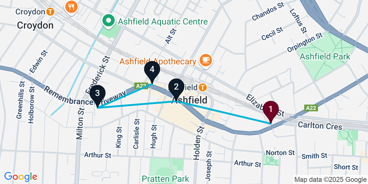 Map for 4-Stop Ashfield Nightclub Bar Crawl
