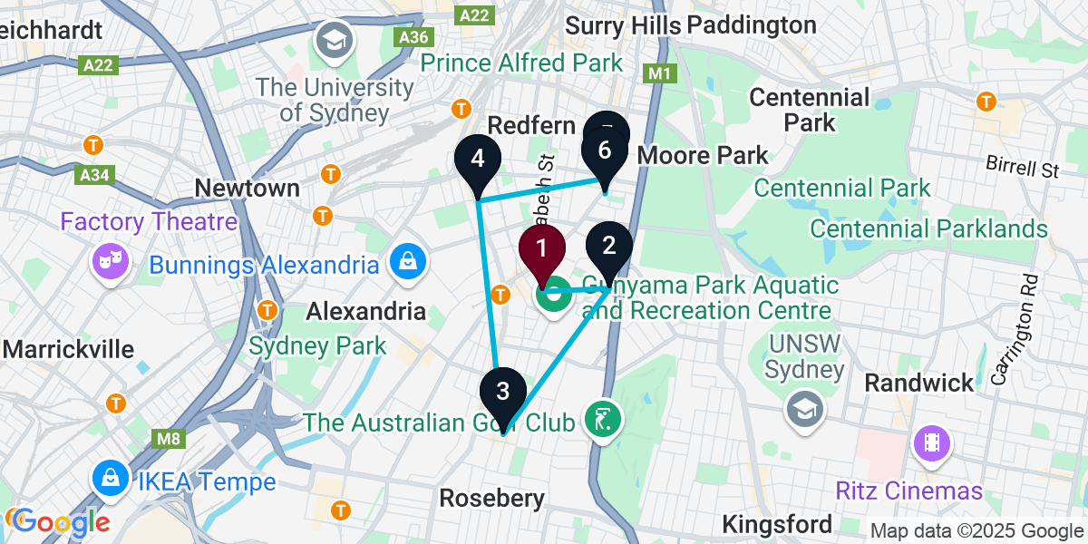 Map for 6-Stop Zetland Wine bar Bar Crawl