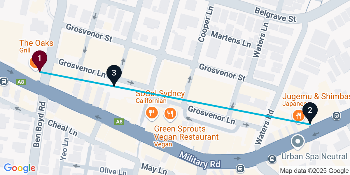 Map for 3-Stop Neutral Bay Live music Bar Crawl