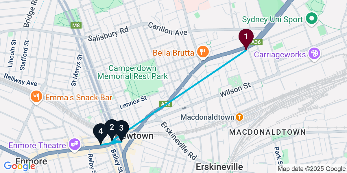 Map for 4-Stop Newtown Cocktail Bar Crawl