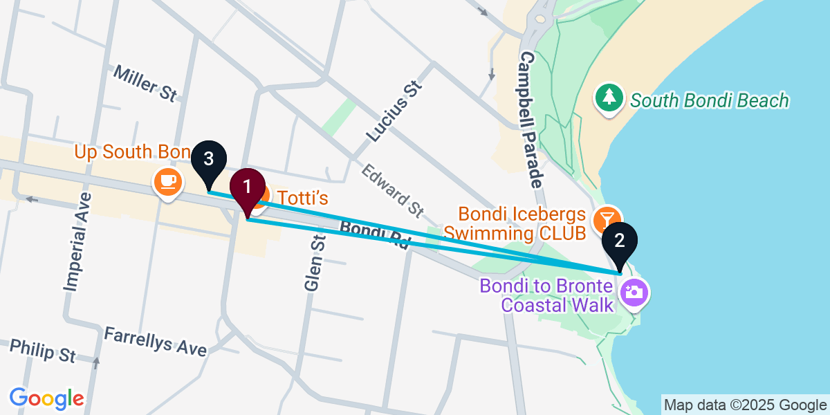 Map for 3-Stop Bondi Cocktail Bar Crawl
