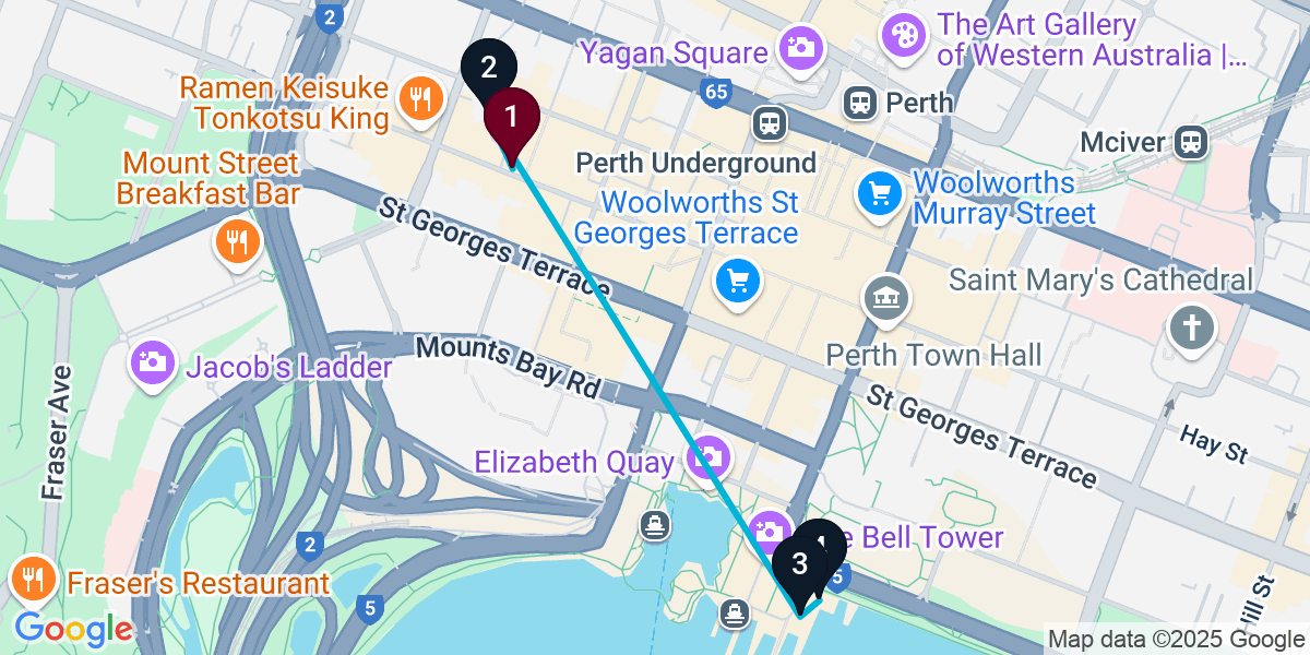 Map for 4-Stop Perth Rooftop Bar Crawl