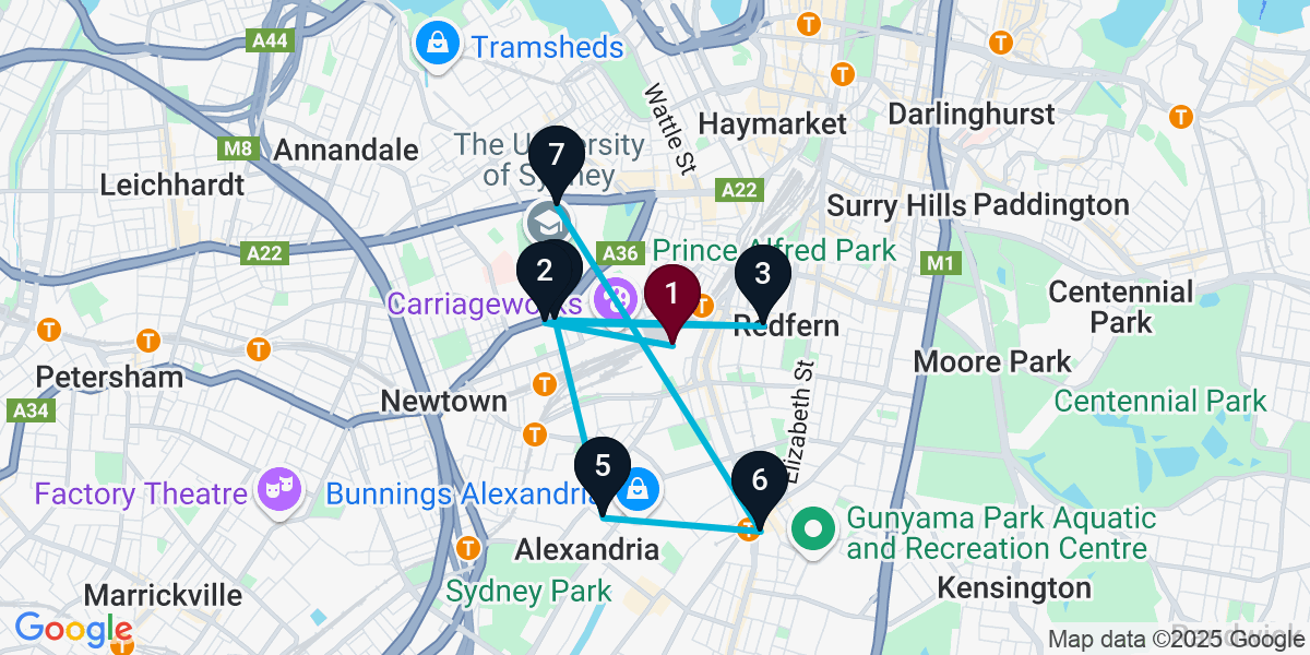 Map for 7-Stop Eveleigh Cocktail Bar Crawl
