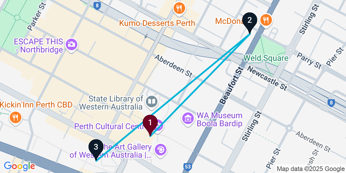 Map for 3-Stop Northbridge Cocktail Bar Crawl