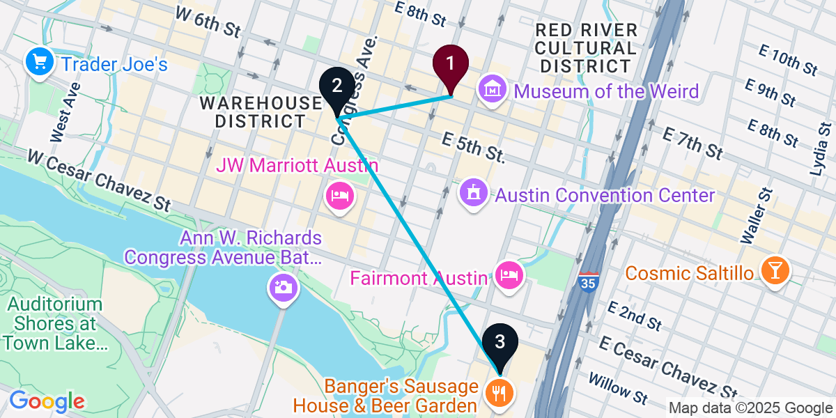 Map for 3-Stop Austin Rooftop Bar Crawl