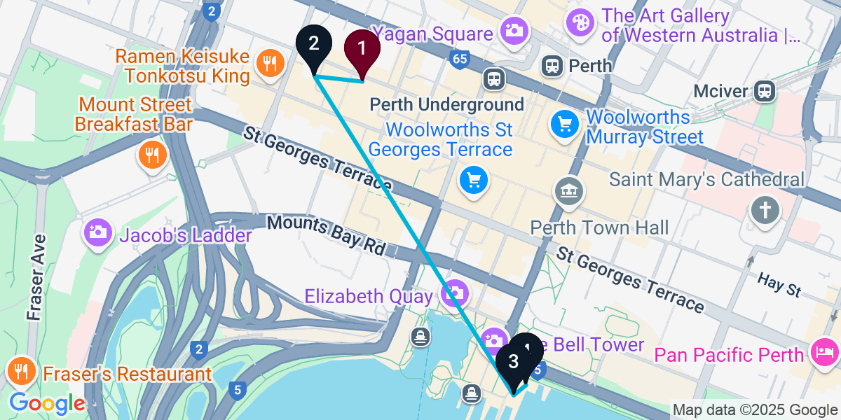 Map for 4-Stop Perth Rooftop Bar Crawl
