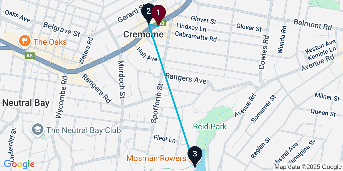 Map for 3-Stop Cremorne Pub Bar Crawl