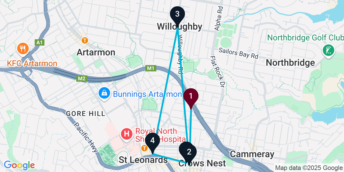 Map for 5-Stop Naremburn Cocktail Bar Crawl