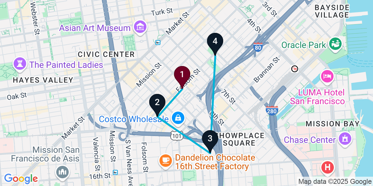Map for 4-Stop San Francisco Nightclub Bar Crawl