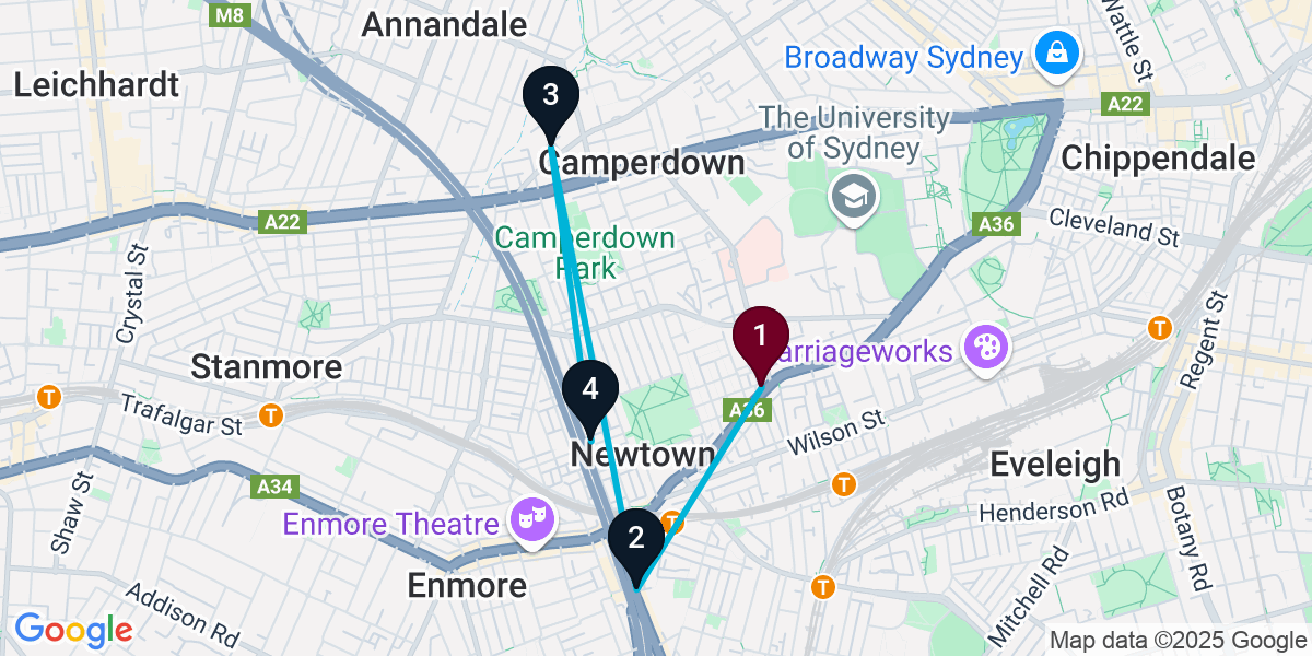Map for 4-Stop Newtown Speakeasy Bar Crawl