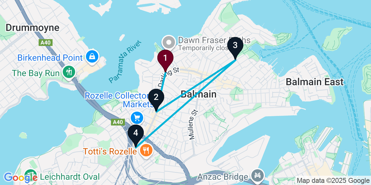 Map for 4-Stop Balmain Cocktail Bar Crawl