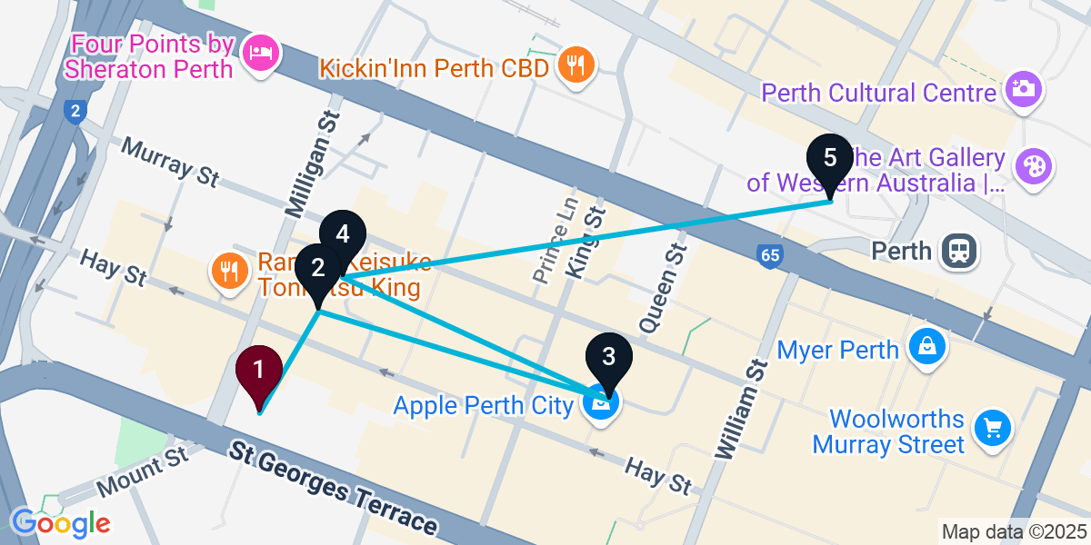 Map for 5-Stop Perth Cocktail Bar Crawl