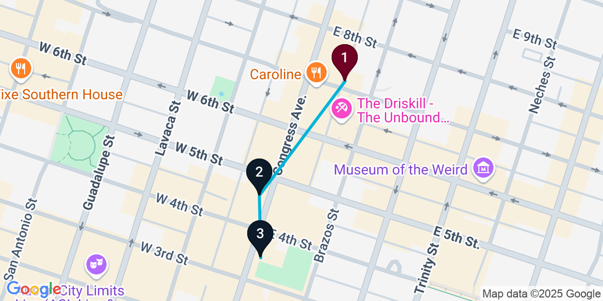 Map for 3-Stop Austin Cocktail Bar Crawl