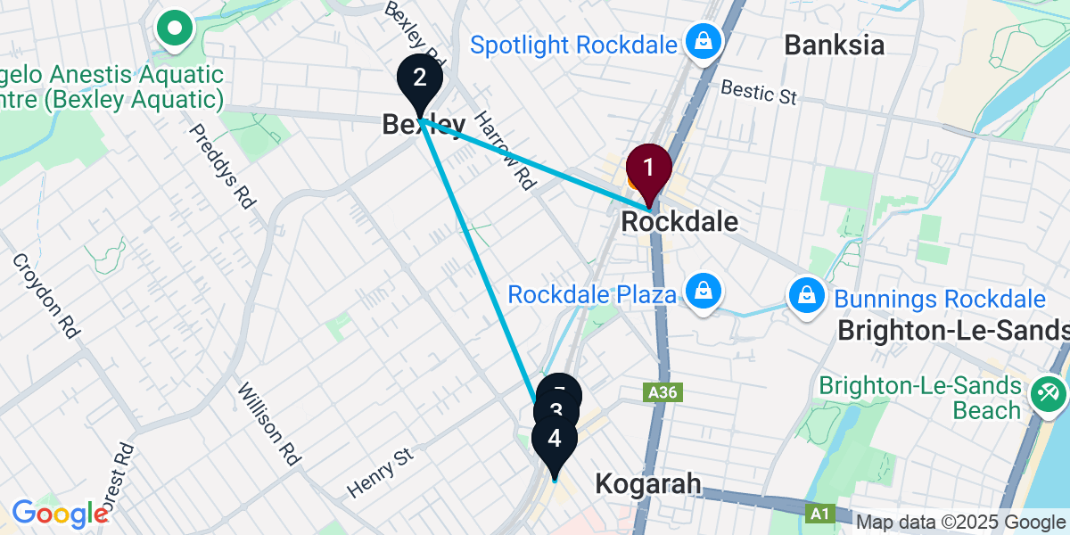 Map for 5-Stop Rockdale Cocktail Bar Crawl