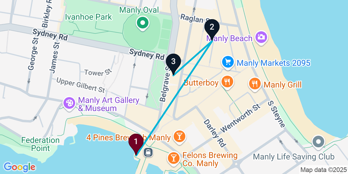 Map for 3-Stop Manly Speakeasy Bar Crawl