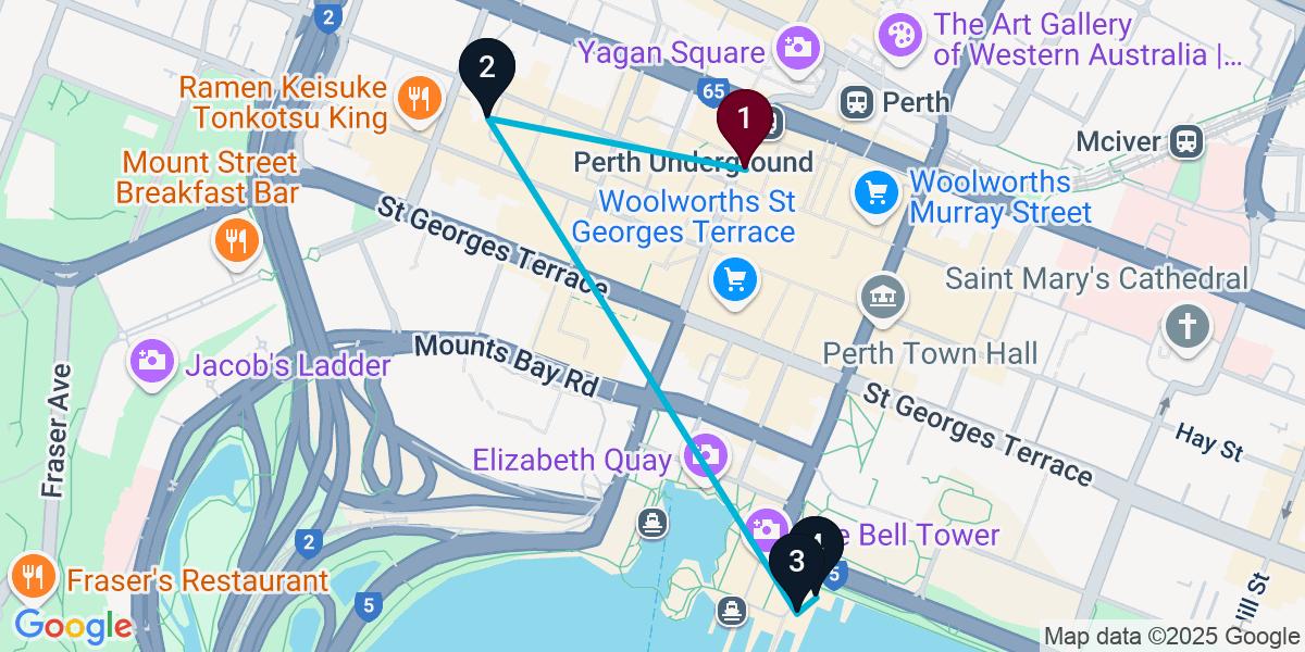 Map for 4-Stop Perth Rooftop Bar Crawl