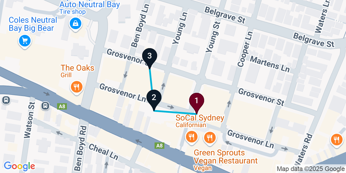 Map for 3-Stop Neutral Bay Cocktail Bar Crawl
