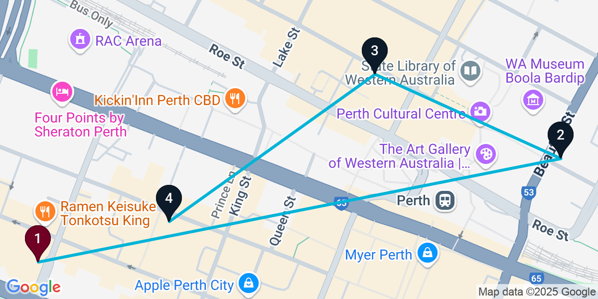 Map for 4-Stop Perth Nightclub Bar Crawl