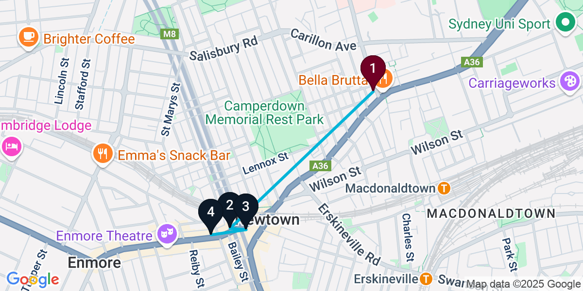 Map for 4-Stop Newtown Cocktail Bar Crawl