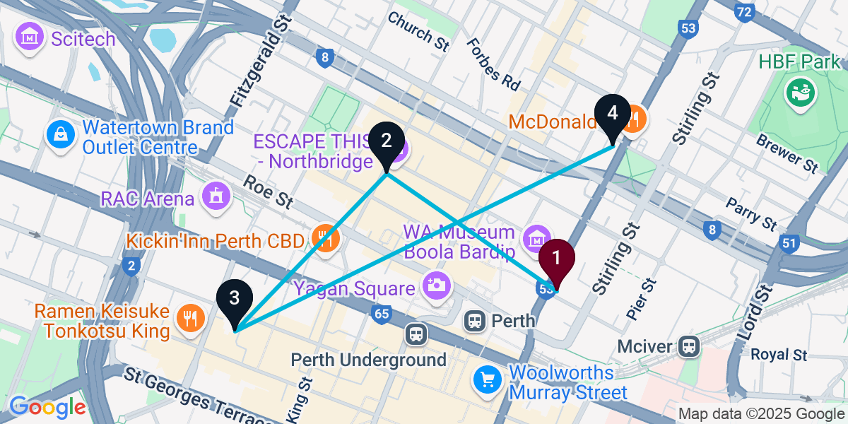 Map for 4-Stop Perth Cocktail Bar Crawl