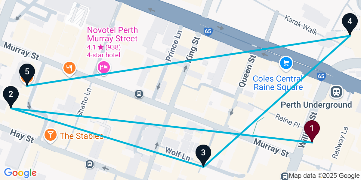Map for 5-Stop Perth Bar Crawl