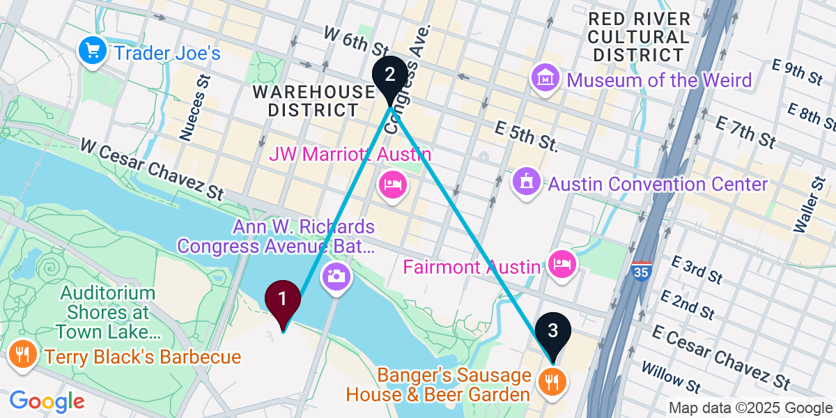 Map for 3-Stop Austin Rooftop Bar Crawl
