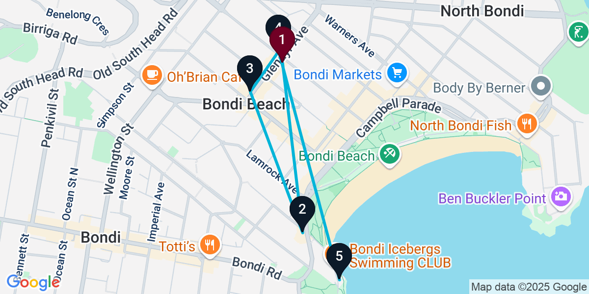 Map for 5-Stop Bondi Beach Bar Crawl