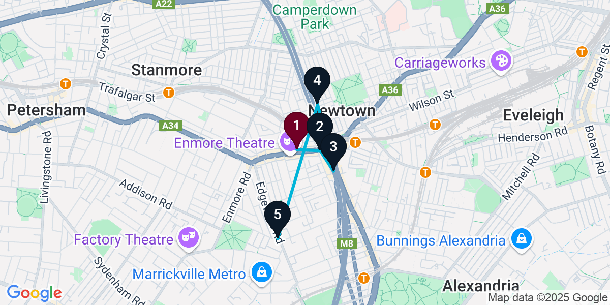 Map for 5-Stop Newtown Cocktail Bar Crawl