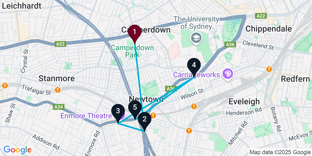 Map for 5-Stop Camperdown Cocktail Bar Crawl