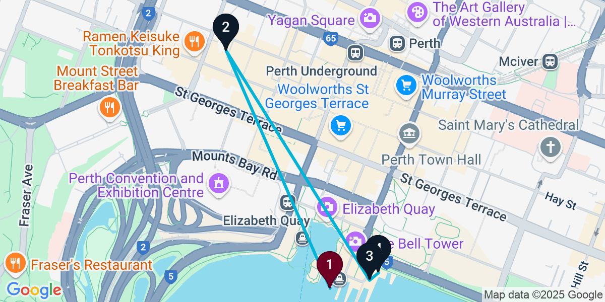 Map for 4-Stop Perth Rooftop Bar Crawl