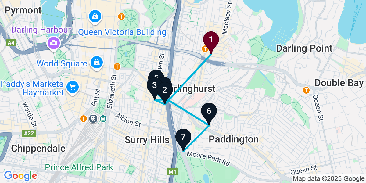 Map for 7-Stop Potts Point Live music Bar Crawl