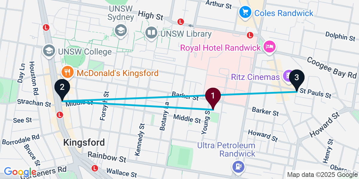 Map for 3-Stop Randwick Dive bar Bar Crawl