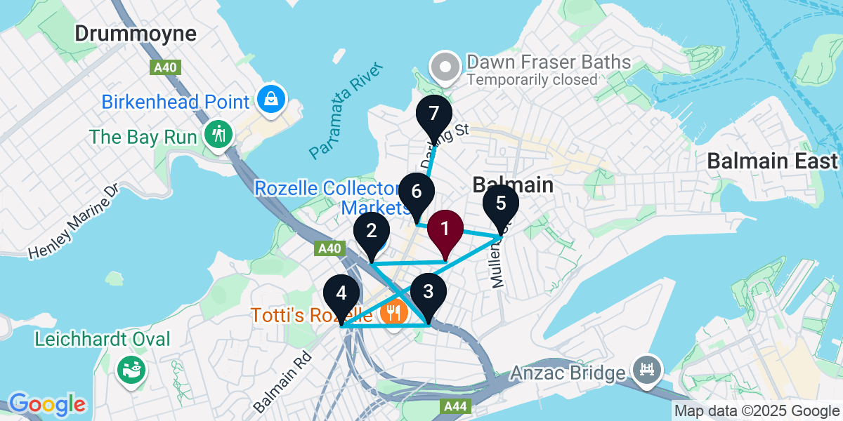 Map for 7-Stop Rozelle Live music Bar Crawl