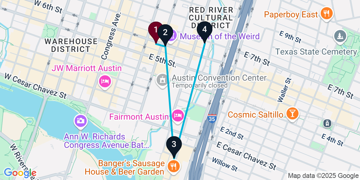 Map for 4-Stop Austin Bar Crawl