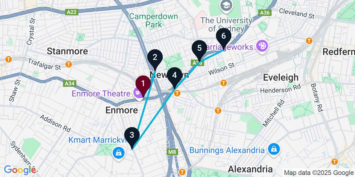 Map for 6-Stop Newtown Bar Crawl