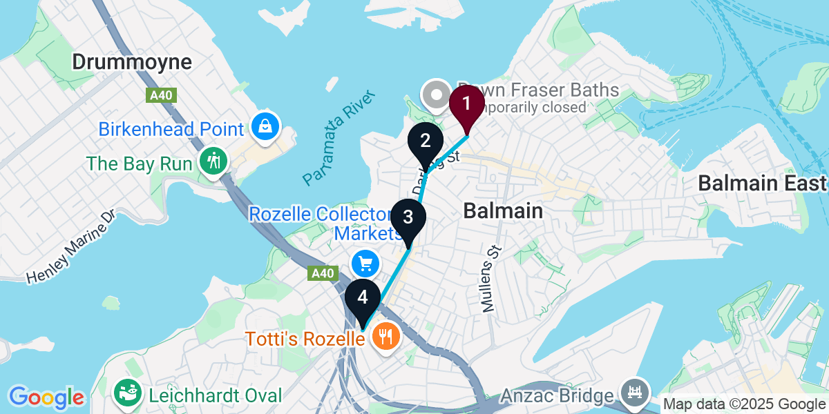 Map for 4-Stop Balmain Cocktail Bar Crawl