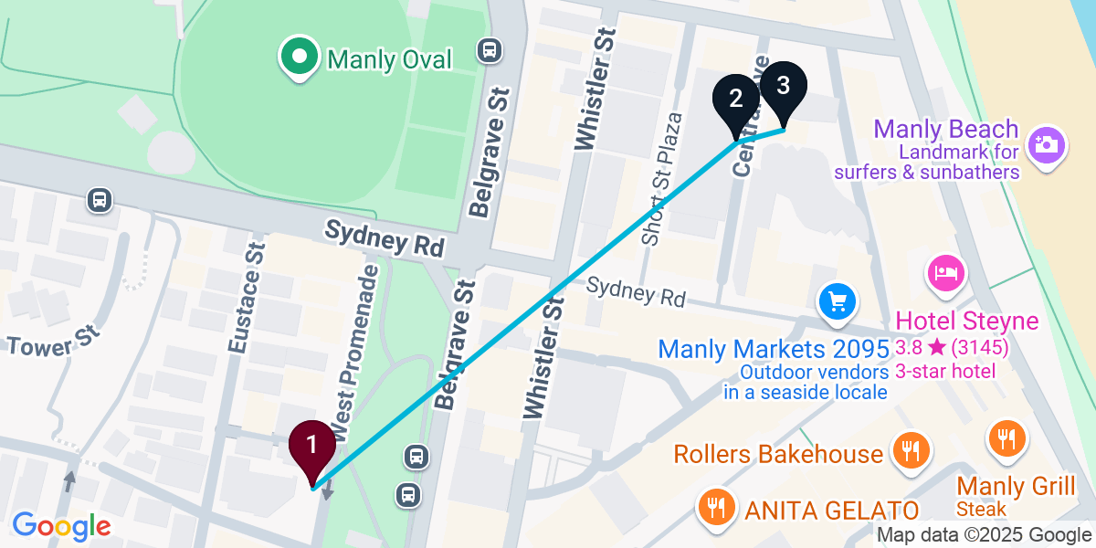 Map for 3-Stop Manly Bar Crawl