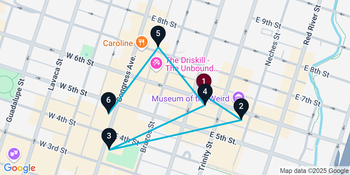 Map for 6-Stop Austin Bar Crawl