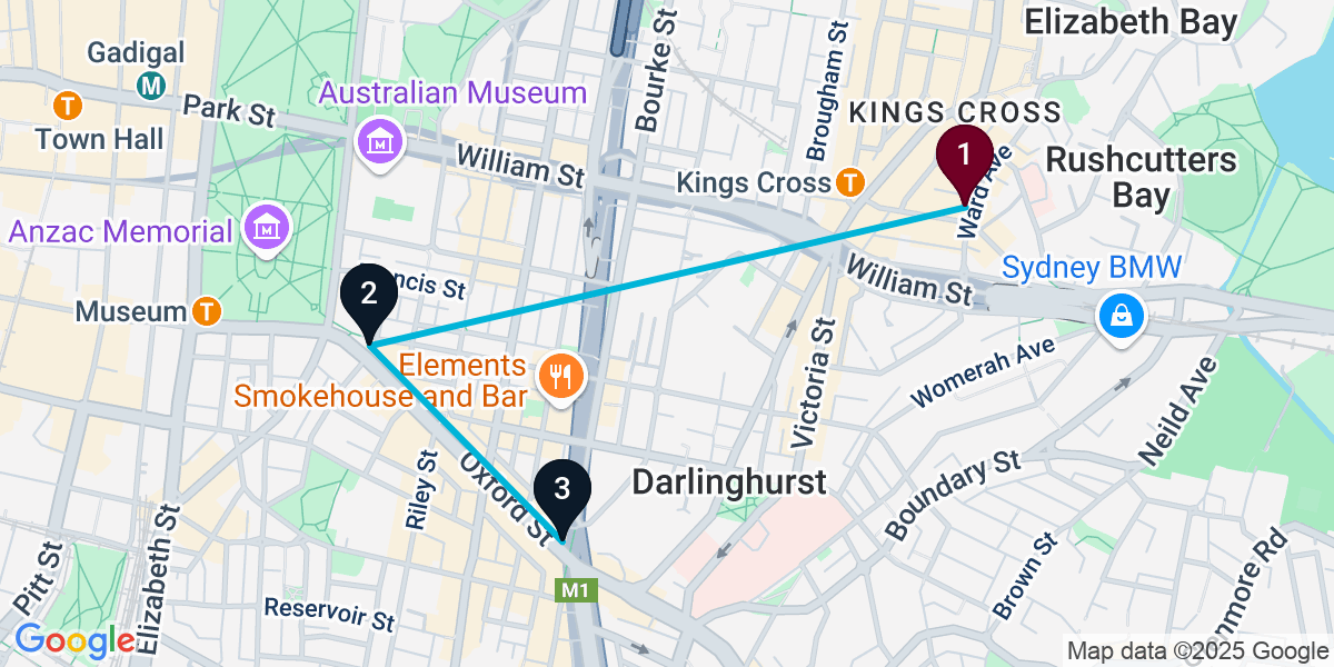 Map for 3-Stop Potts Point Nightclub Bar Crawl