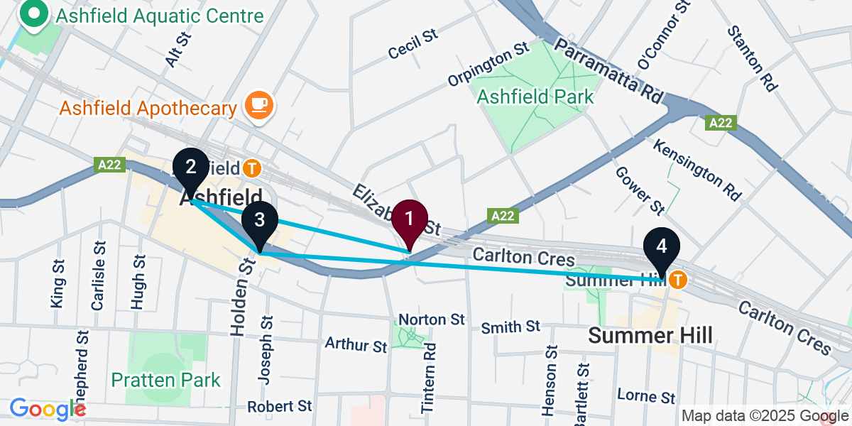 Map for 4-Stop Ashfield Pub Bar Crawl