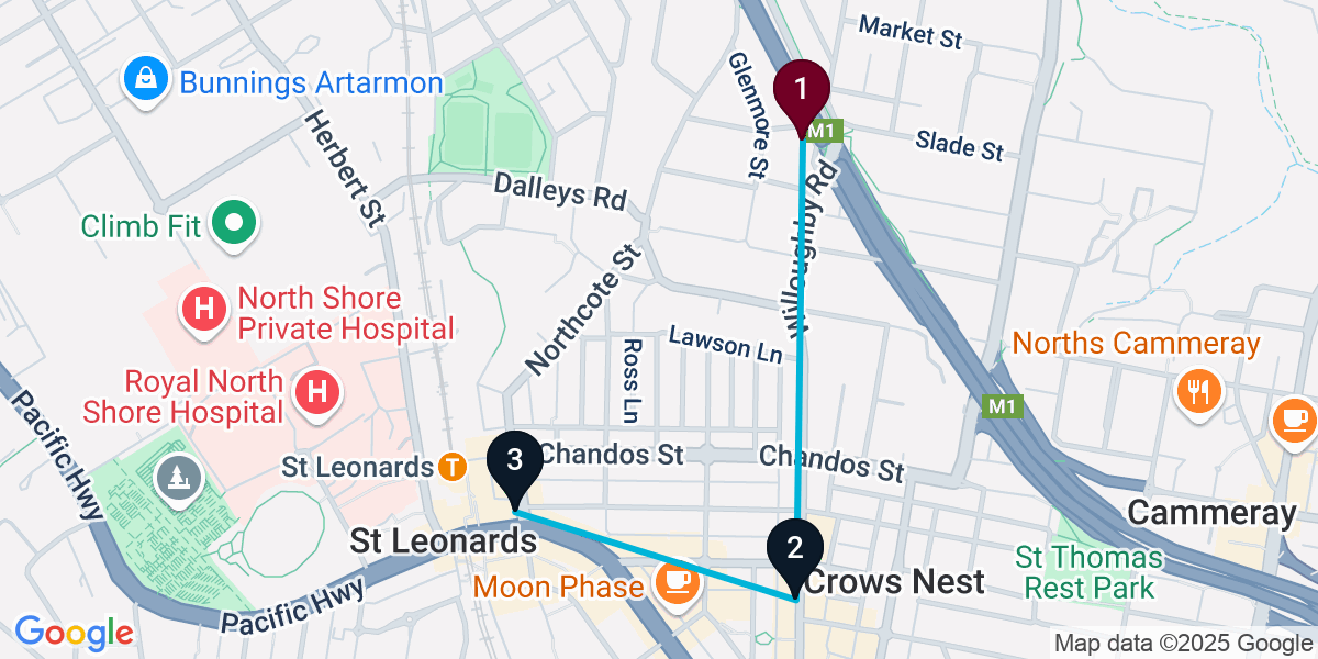 Map for 3-Stop Naremburn Bar Crawl