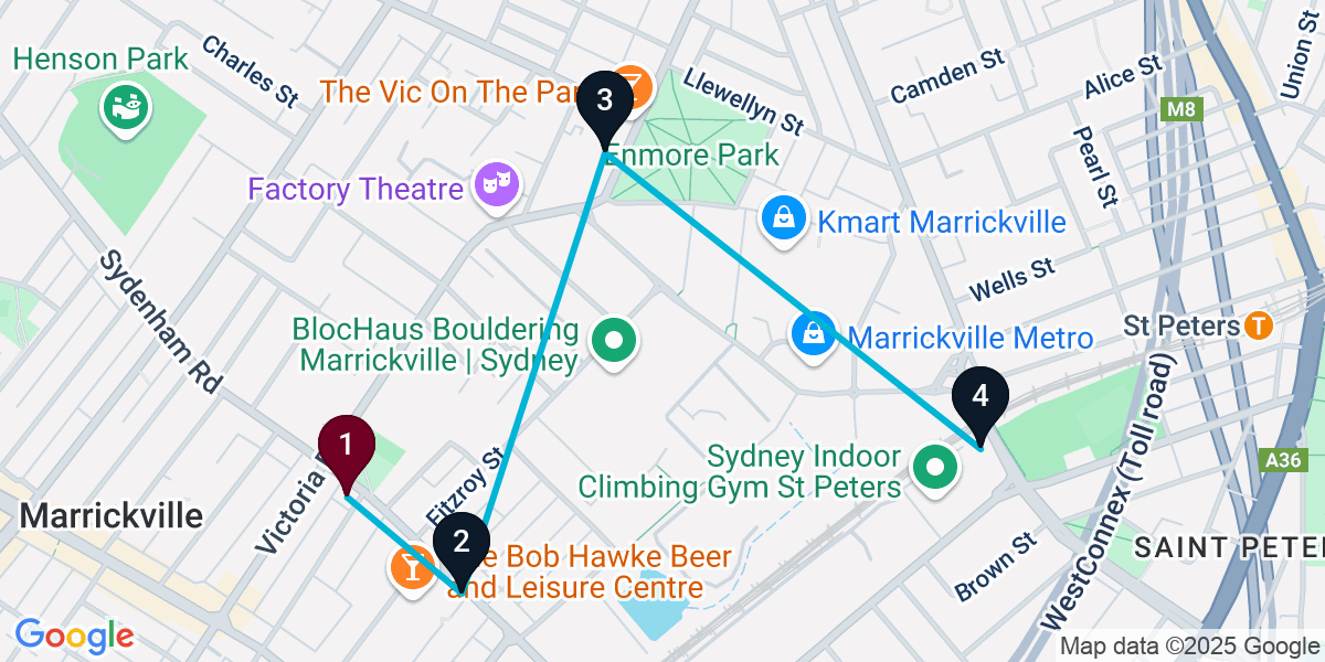 Map for 4-Stop Marrickville Brewery Bar Crawl